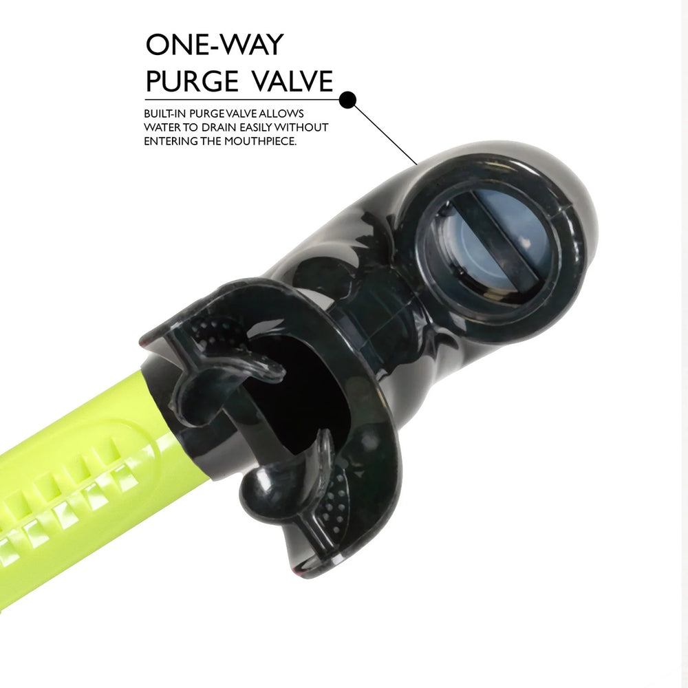 Maru Front Snorkel in lime color, featuring durable snorkel design with flexible mouthpiece and adjustable strap for comfortable fit
