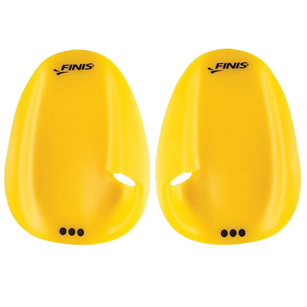 Finis Agility Paddles Floating in yellow, lightweight swimming paddles designed for training and improved stroke technique.