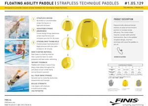 Yellow Finis Agility Paddles Floating swimming paddles for training, with a lightweight design and adjustable straps.