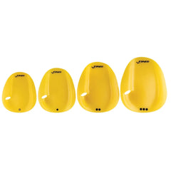 Yellow Finis Agility Paddles floating in water, designed for swim training and improving paddling technique.