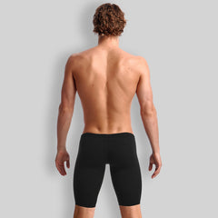 Black Funky Trunks men's training jammer, close-up view showing the sleek black fabric and fitted swimwear design.