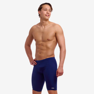 Funky Trunks men's Still Ocean navy training jammers, close-up view showing sleek swimwear fabric and design.