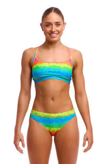 Funkita Ladies Melting Mayhem sports top, a colorful bikini/tankini with a vibrant, melting abstract print for active swimwear.