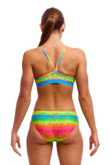 Funkita Ladies Melting Mayhem sports bikini top in vibrant multi-color print, designed for swimming and water sports.