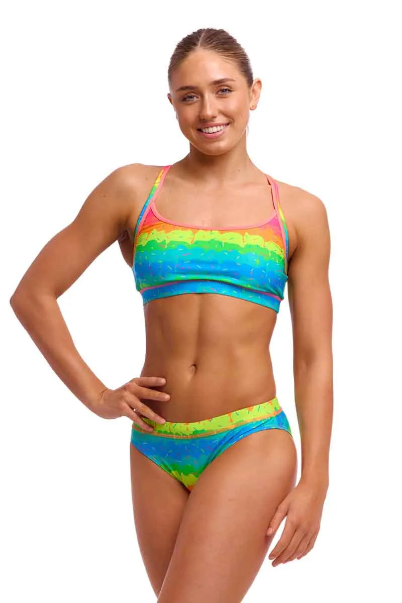 Funkita Ladies Melting Mayhem sports top in multi, stylish bikini/tankini with vibrant melting pattern and athletic fit.