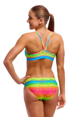 Funkita Ladies Melting Mayhem sports bikini top in vibrant multi-color design with a sporty fit and bold pattern.