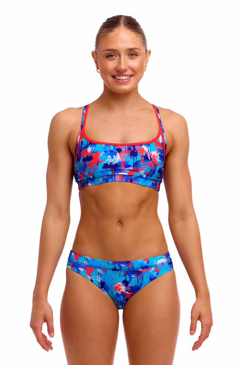 Funkita Ladies Messy Messy Messy sports tankini top in multicolor, designed for active swimming and beachwear.