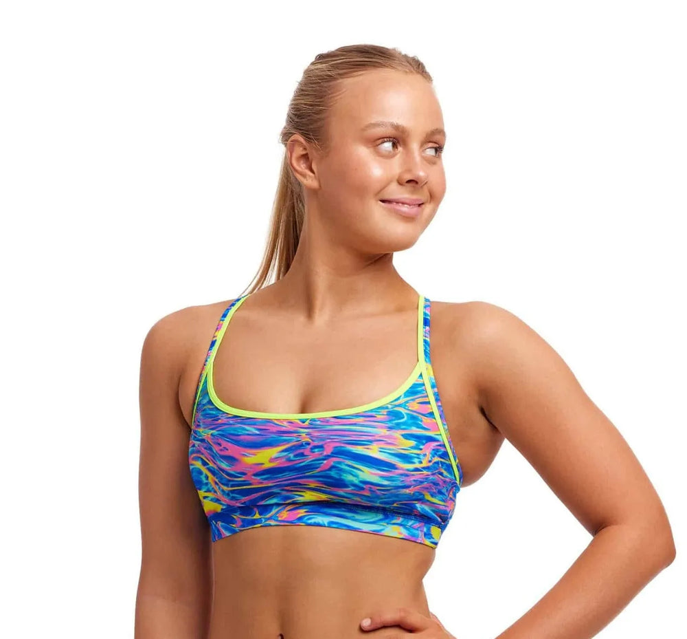 Funkita Ladies Stir Crazy sports bikini top in multi-color, designed for active swimming and water sports.