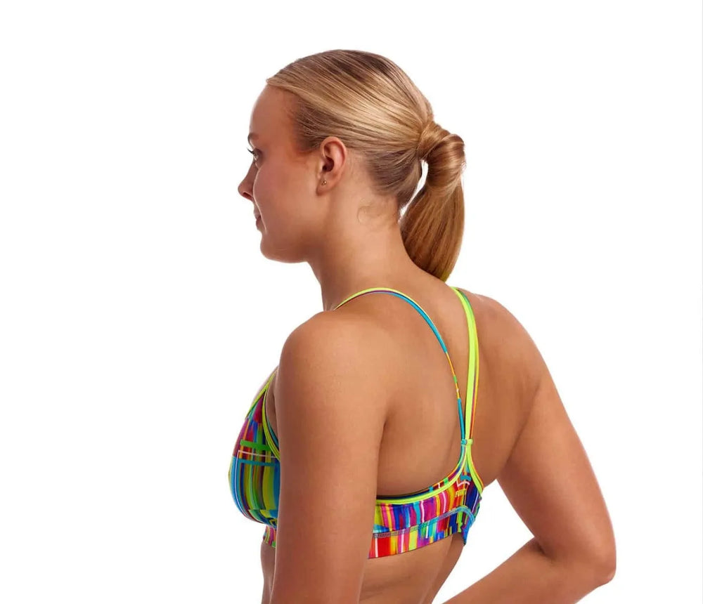 Funkita Ladies The Glitch sports top, a colorful multi-pattern bikini/tankini, designed for active swimming and beachwear.