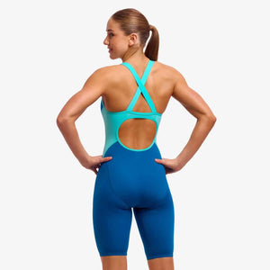 Funkita girls' Ocean Racer kneesuit in blue and green, designed for fast training, featuring a sleek one-piece swimwear style.
