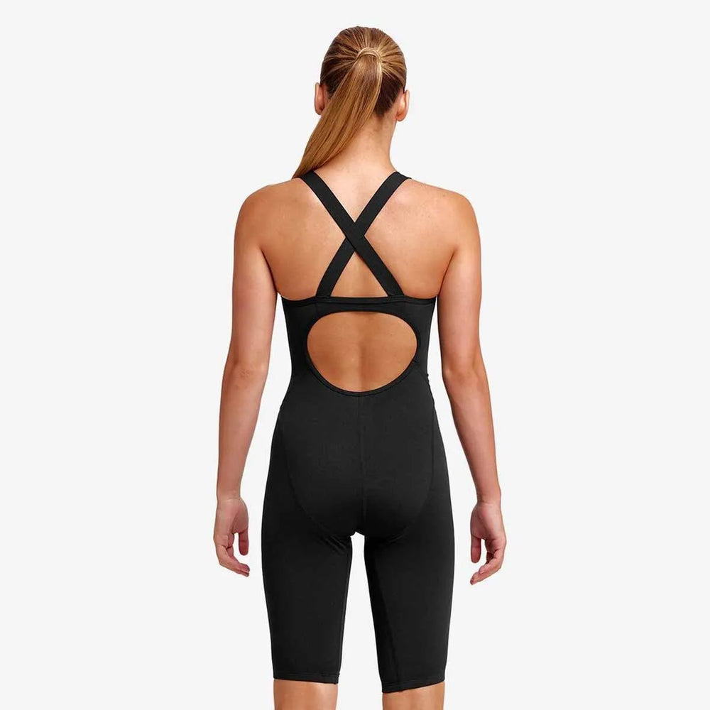 Funkita Girls Still Black fast secure one-piece swimsuit, black kneesuit designed for swimming, featuring a sleek, streamlined fit.
