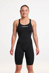 Funkita Ladies Still Black Fast Legs one-piece kneesuit, black with sleek design, shown on a mannequin for competitive swimming.