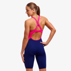 Funkita Ladies Tidal Blast Fast Training One Piece kneesuit in navy and pink, designed for competitive swimming.