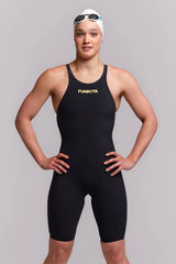 Funkita Ladies Black Attack Apex Viper Kneesuit in black, designed for competitive swimming, featuring a sleek, fitted style.