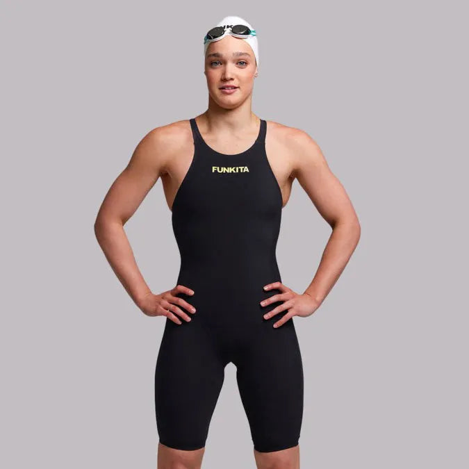 Funkita Ladies Black Attack Apex Viper kneesuit, black swimwear with sleek design, suitable for competitive swimming.