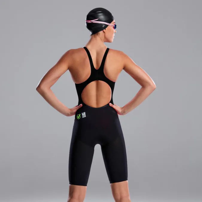 Funkita Ladies Black Attack Apex Viper Kneesuit, black swimwear with sleek design, perfect for competitive swimming.