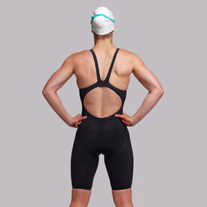 Funkita Ladies Black Attack Apex Viper kneesuit featuring black fabric and sleek design, designed for competitive swimming.