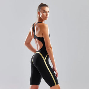 Funkita Ladies Still Black Apex Predator X freeback kneesuit for women, black swimwear with sleek design and full coverage.