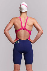 Funkita Ladies Tidal Blast Apex Viper Kneesuit in navy and pink, designed for competitive swimming with sleek, form-fitting style.
