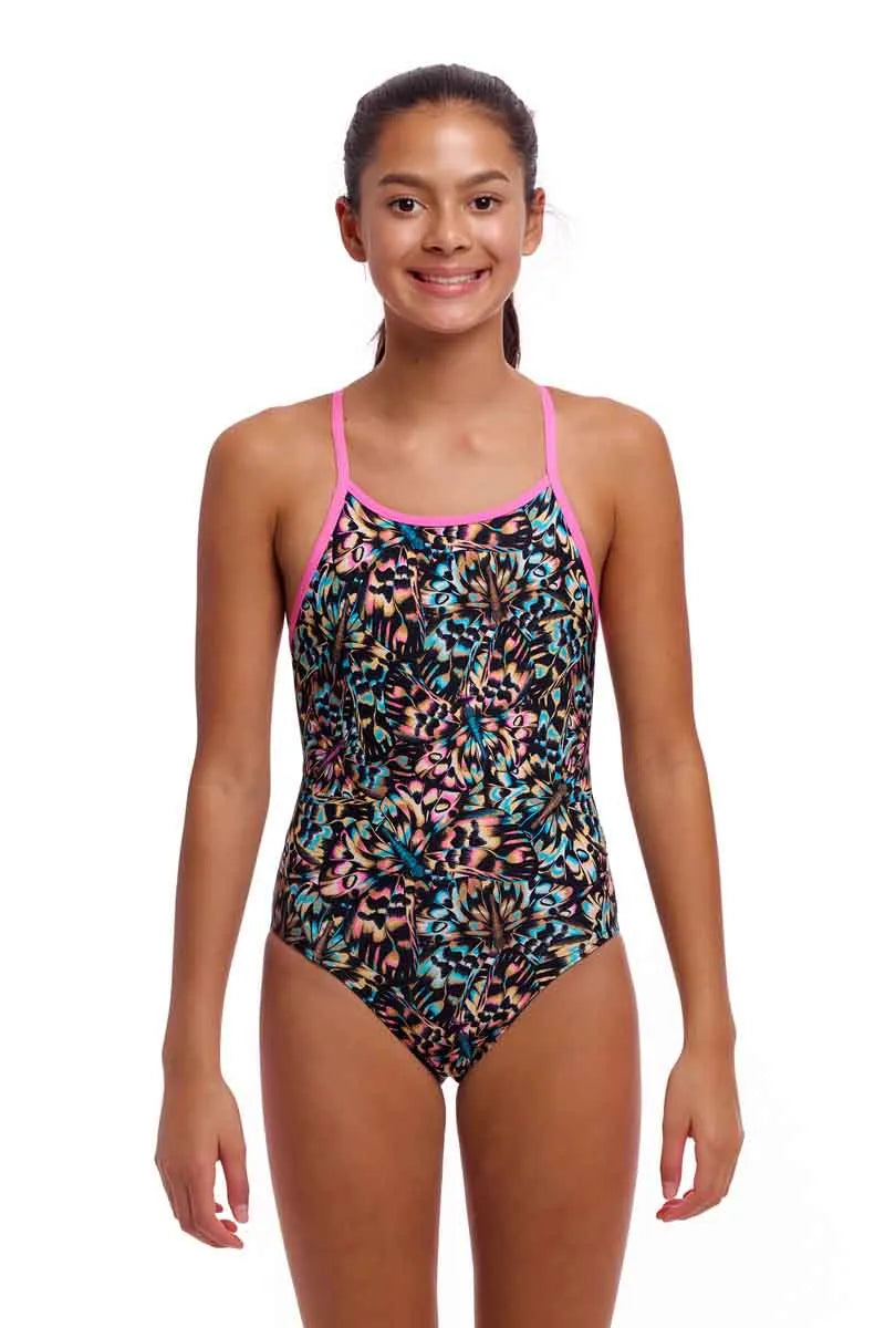 Colorful Funkita girls' Copper Cluster Diamond Back one-piece swimsuit with vibrant print, designed for comfortable swimming and active play.