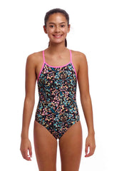 Colorful Funkita girls' Copper Cluster Diamond Back one-piece swimsuit with vibrant print, designed for comfortable swimming and active play.