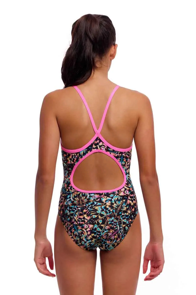 Funkita girls' copper cluster diamond back one-piece swimsuit in vibrant multi-color design, suitable for swimming and active wear.