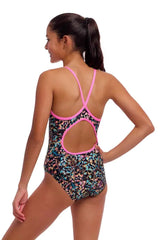 Funkita girls copper cluster diamond back one-piece swimsuit in vibrant multi-color design, ideal for swimming and active wear.