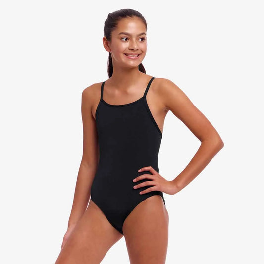 Funkita girls' black one-piece swimsuit with diamond back design, secure fit, suitable for swimming and active wear. 1200