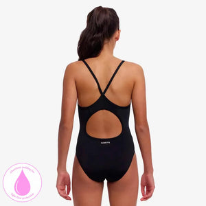 Funkita girls' black diamond back one-piece swimsuit with secure fit, designed for active swimming and comfortable movement.