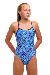 Funkita Girls Blue Bits Diamond Back One Piece Swimsuit - Blue | Allens Of Kingsbury