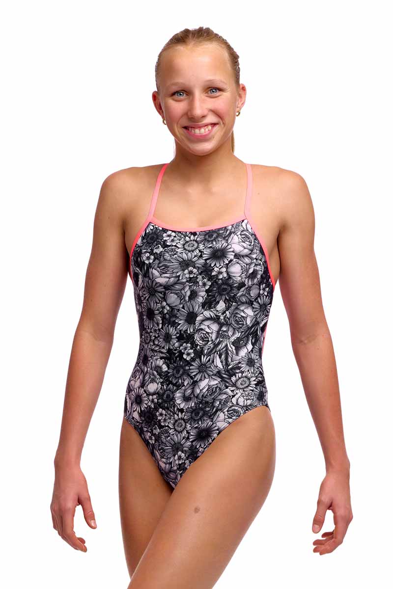 Funkita Girls Nights Rose Tie Me Tight One Piece Swimsuit - Black/White | Allens Of Kingsbury