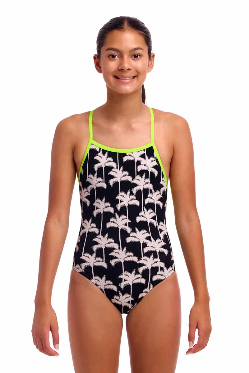 Funkita Girls Palm Night Strapped In One Piece Swimsuit - Black/White/Fluo Yellow | Allens Of Kingsbury