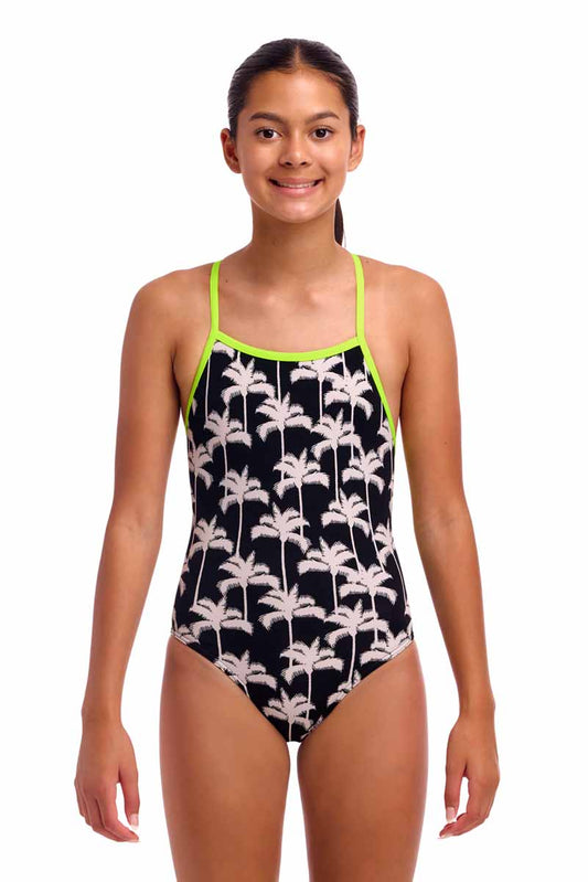 Funkita Girls Palm Night Strapped In One Piece Swimsuit - Black/White/Fluo Yellow | Allens Of Kingsbury 801