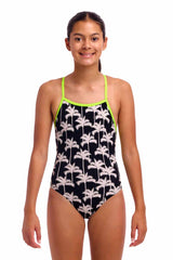 Funkita Girls Palm Night Strapped In One Piece Swimsuit - Black/White/Fluo Yellow | Allens Of Kingsbury
