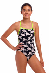 Funkita Girls Palm Night Strapped In One Piece Swimsuit - Black/White/Fluo Yellow | Allens Of Kingsbury