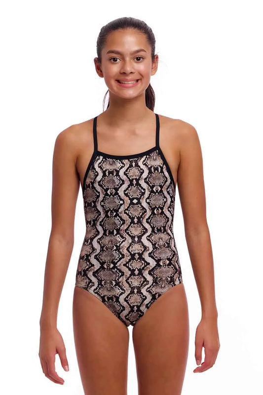 Funkita girls' rattle racer one-piece swimsuit in gold and black, featuring a sporty tie-me-tight design and vibrant pattern. 800