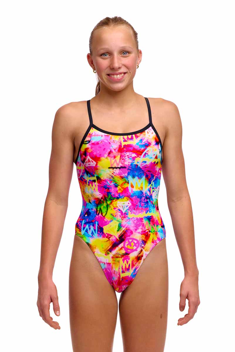 Funkita girls' single strap one-piece swimsuit with colorful multi design, suitable for active swimming and beach fun.