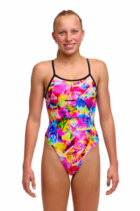 Funkita girls' single strap one-piece swimsuit with colorful multi design, suitable for active swimming and beach fun. 801