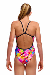 Funkita girls single strap one-piece swimsuit in multi-color with tag design, ideal for swimming and active wear.