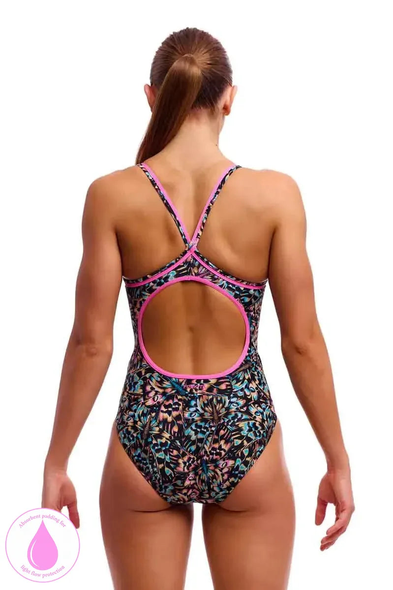 Funkita Ladies Copper Cluster Diamond Back One Piece Swimsuit in multi-color, featuring secure fit and stylish design for swimming.