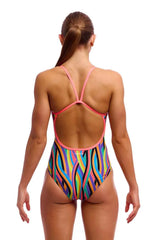 Funkita Ladies Curl Curl single strap one-piece swimsuit in multi-color with a sleek design, perfect for swimming or water activities.
