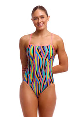 Funkita Ladies Curl Curl single strap one-piece swimsuit in multi-color pattern, designed for comfortable swimming and active wear.