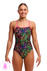 Funkita Ladies Flying Fiesta Swim Secure One-Piece Swimsuit in multi-color, designed for comfortable swimming and active water sports.