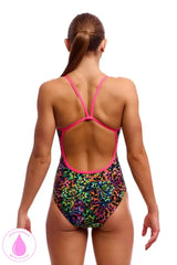 Funkita Ladies Flying Fiesta Swim Secure One Piece Swimsuit in multi-color with vibrant pattern, designed for active swimming.