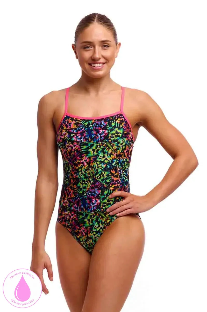 Funkita Ladies Flying Fiesta swim secure one-piece swimsuit in colorful print, designed for comfortable swimming and active water sports.