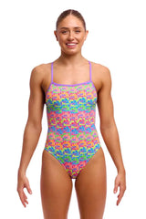 Funkita Ladies Jig Jag single strength one-piece swimsuit in multi-color with bold jagged pattern, designed for swimming.