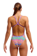 Funkita Ladies Jig Jag single strength one-piece swimsuit in multi-color, designed for swimming and active water sports.