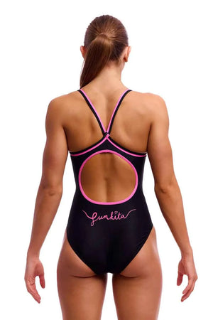 Funkita Ladies Power Shift Diamond Back One Piece Swimsuit in black and multi-color, featuring a stylish design and supportive fit.