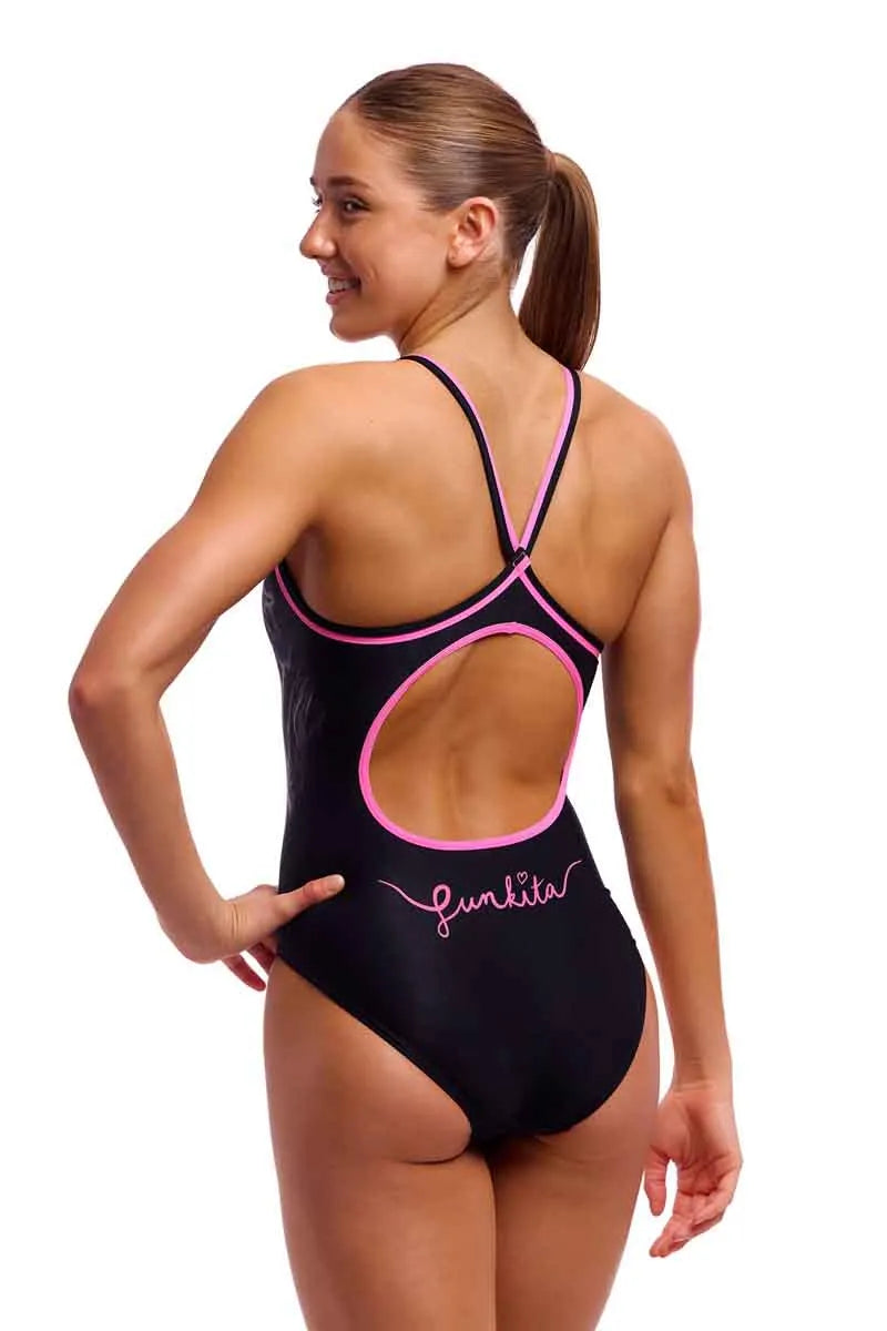 Funkita Ladies Power Shift Diamond Back One Piece Swimsuit in black and multi-color, showcasing a stylish swimming suit design.