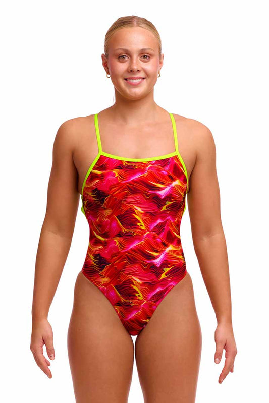 Funkita Ladies Saucy Sonar Strapped In One Piece Swimsuit - Red/Yellow | Allens Of Kingsbury 801